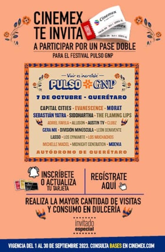 Catálogo Cinemex en León | Participa por un pase doble para el Festival Pulso GNP | 5/9/2023 - 30/9/2023