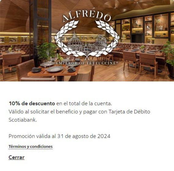 Catálogo Scotia Bank en Heróica Puebla de Zaragoza | 10% de descuento en Alfredo con ScotiaBank | 5/1/2024 - 31/8/2024