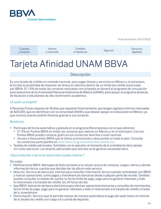 Catálogo BBVA Bancomer en Miguel Hidalgo | Tarjeta Affinidad UNAM BBVA | 12/1/2024 - 29/4/2024