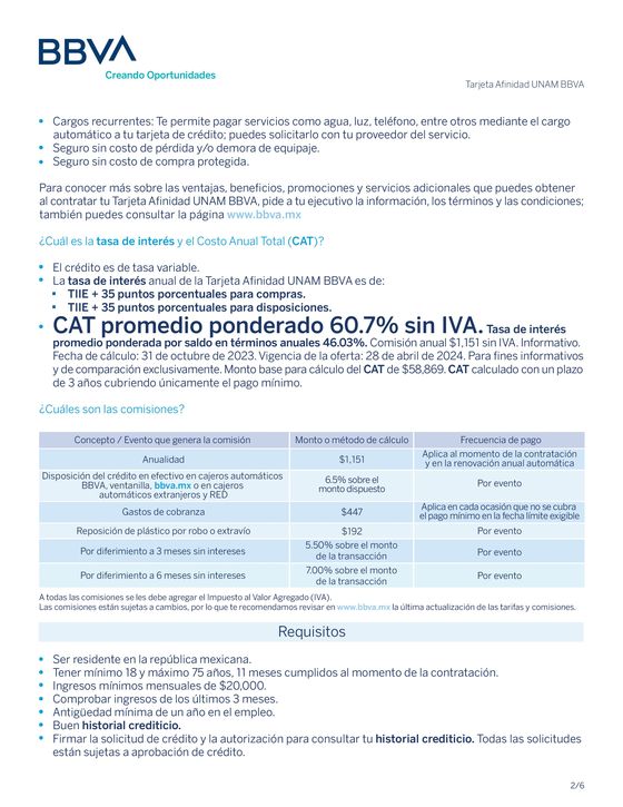 Catálogo BBVA Bancomer en Cuauhtémoc (CDMX) | Tarjeta Affinidad UNAM BBVA | 12/1/2024 - 29/4/2024