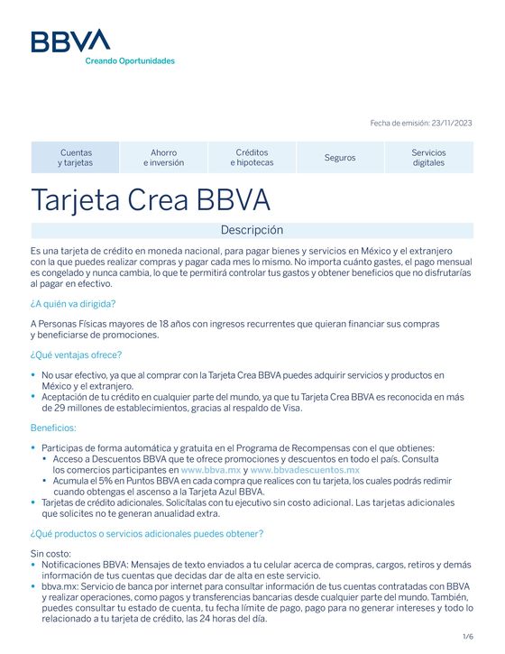 Catálogo BBVA Bancomer en Heróica Zitácuaro | Tarjeta Crea BBVA | 12/1/2024 - 28/4/2024