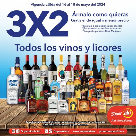 Catálogo Súper Aki en Progreso (Yucatán) | 3x2 en Vinos y Licores | 16/5/2024 - 18/5/2024