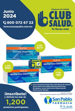 Ofertas de Farmacias y Salud en Ocuilan de Arteaga | Club Salud Junio de Farmacia San Pablo | 1/6/2024 - 30/6/2024
