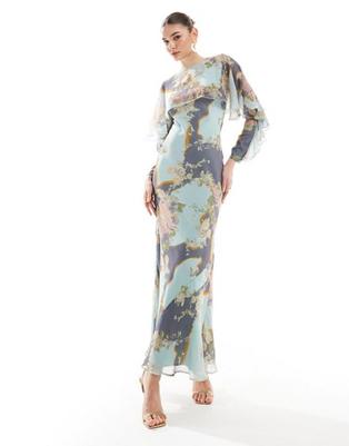 Oferta de ASOS DESIGN long sleeve ruffle bias maxi dress with cape detail in floral print por $65 en ASOS