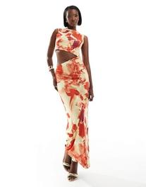 Oferta de ASOS DESIGN slinky cut out maxi dress in oversized orange floral print por $32 en ASOS