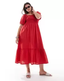 Oferta de Esmee Curve Exclusive puff sleeve maxi beach dress in red por $46.99 en ASOS