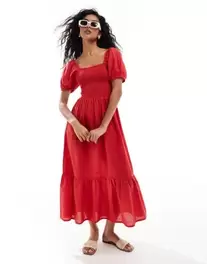 Oferta de Esmee Exclusive puff sleeve maxi beach dress in red por $46.99 en ASOS