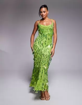 Oferta de ASOS DESIGN sequin droplet cowl neck maxi dress in bright green por $160 en ASOS