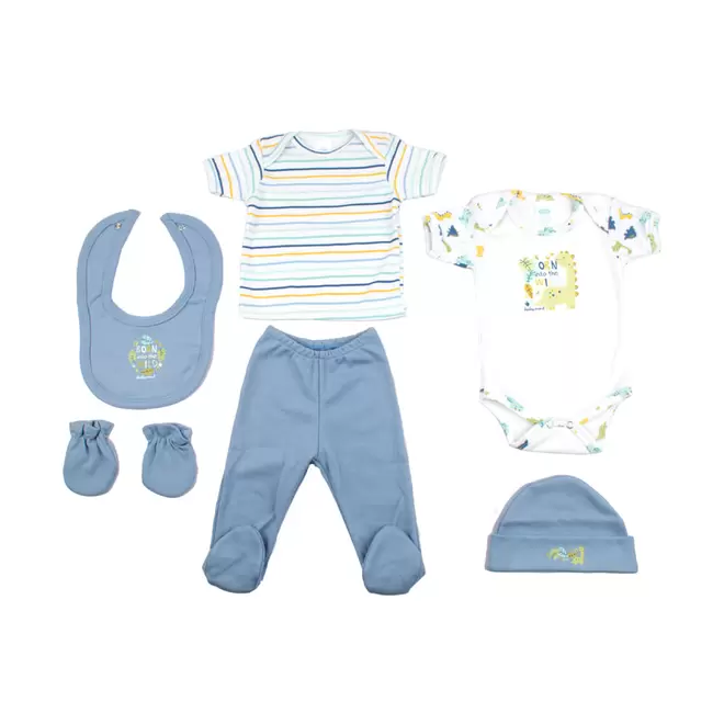 Oferta de Kit Paseo 6 pzas; pantalón con pies, pañalero, gorro, par de manoplas, babero y playera por $424.15 en Baby mink