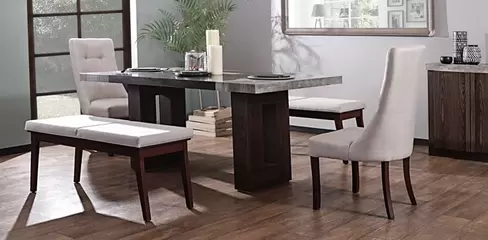 Oferta de Comedor Rectangular 180 cm Luxor con 2 Bancas y 2 Sillas Beige por $25099 en Muebles Dico