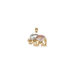 Oferta de Dije estilizado motivo elefante con sintéticos en oro tres tonos 14 kilates. por $10001 en Nacional Monte de Piedad