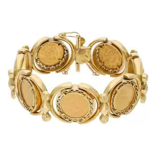 Oferta de Pulsera eslabon articulado con monedas de dos y medio pesos oro mexicano 21.6 kilates en oro amarillo 16 kilates. por $153769 en Nacional Monte de Piedad