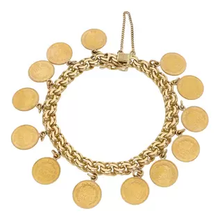 Oferta de Pulsera eslabón tejido con trece monedas de dos pesos oro mexicano 21.6 kilates en oro amarillo 18 kilates. por $82559 en Nacional Monte de Piedad