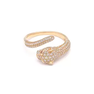 Oferta de Anillo abierto motivo pantera con diamantes y rubí en oro amarillo 14 kilates. por $34845 en Nacional Monte de Piedad