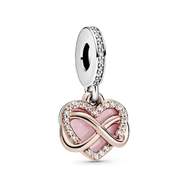 Oferta de Charm colgante Corazón con Infinito resplandeciente Recubrimiento en Oro Rosa de 14k por $2490 en Pandora