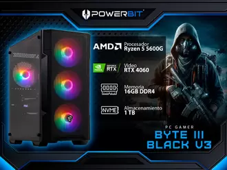 Oferta de PC Gamer Powerbit  BYTE III BLACK V3: Procesador AMD Ryzen 5 5600G (hasta 4.4 GHz), Memoria de 16GB DDR4, NVMe M.2 de 1TB, Video NVIDIA GeForce RTX 4060 con 8GB GDDR6, S.O. Windows 11 Home (Versión... por $13499 en PCEL