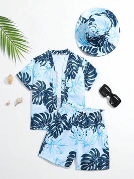 Oferta de Chico joven Kimono con estampado tropical & Shorts de playa & Sombrero por $188.64 en SHEIN