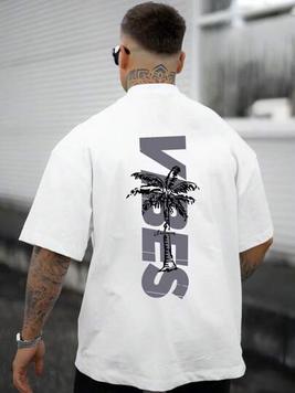 Oferta de Camisa de manga corta y cuello redondo con estampado de letra y palmeras de estilo nuevo para hombre, estilo casual americano de verano por $197 en SHEIN