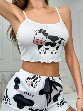 Oferta de Camiseta de tirantes con cuello redondo y tirantes con encaje, estampado de vaca, parte superior de pijama (sin pantalones cortos) para mujer por $58 en SHEIN