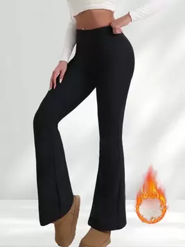 Oferta de Pantalones térmicos de cintura alta con pierna acampanada para mujer, leggings forrados de forro polar grueso para invierno, ajuste ceñido que levanta el trasero por $282 en SHEIN