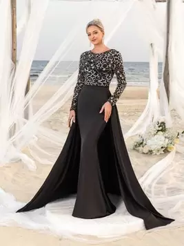 Oferta de Vestido formal de fiesta de longitud hasta el suelo con mangas largas, con aplicaciones de lentejuelas y gasa, vestido para la madre de la novia por $2138 en SHEIN