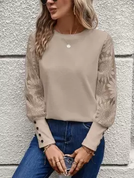 Oferta de SHEIN LUNE Blusa Casual de Primavera y Otoño para Mujer con Encaje Khaki, Manga Floral y Empalme de Cuadrícula de Gofre por $167.44 en SHEIN