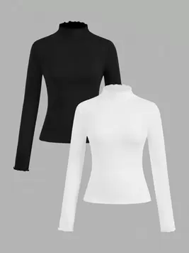 Oferta de SHEIN EZwear 2 piezas/Conjunto de camisetas de manga larga de base de cuello alto ajustadas de color negro y blanco liso, cálidas para otoño/invierno por $172.5 en SHEIN