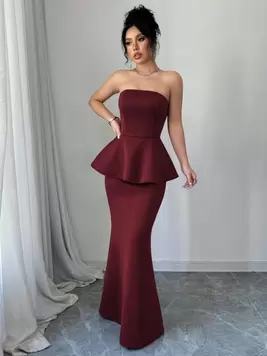 Oferta de SHEIN Elenzya Vestido ajustado con volantes en la cintura sin tirantes color burdeos, vestido elegante de fiesta de graduación para mujeres por $621 en SHEIN