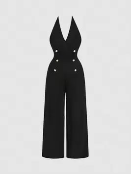 Oferta de SHEIN MOD Mono elegante minimalista negro de talla grande con pantalón de pierna ancha y escote halter para negocios por $614 en SHEIN