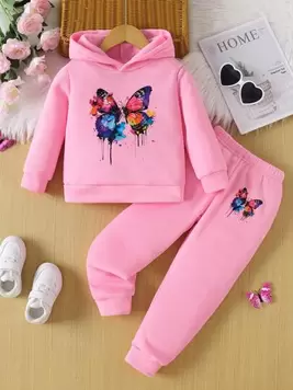 Oferta de Conjunto de niña joven con estampado de mariposa con capucha y pantalones de tendencia por $199.5 en SHEIN