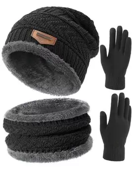 Oferta de Conjunto de gorro de punto, bufanda y guantes táctiles para invierno, gorro tipo calavera forrado de felpa para hombres y mujeres en exteriores por $34.4 en SHEIN