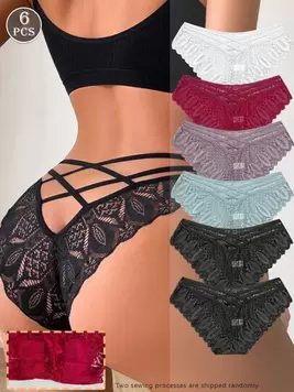 Oferta de FINETOO 6 Piezas / Set Bragas Sexys Para Mujer De Triángulo, De Encaje De Color Sólido Y Con Banda Cruzada Y Huecos Semitransparentes por $205 en SHEIN