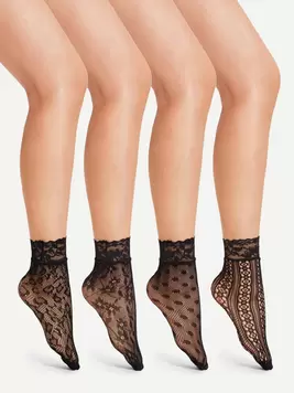 Oferta de 4 pares de calcetines cortos de red para mujer con estampados de lunares, leopardo y floral jacquard por $87 en SHEIN