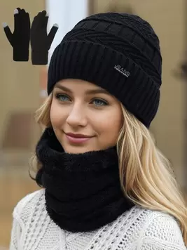 Oferta de 1 set Gorro, bufanda y guantes de punto de color liso para mujer/hombre, forrado de polar cálido para invierno, conjunto de accesorios elegantes, gran idea de regalo por $115 en SHEIN