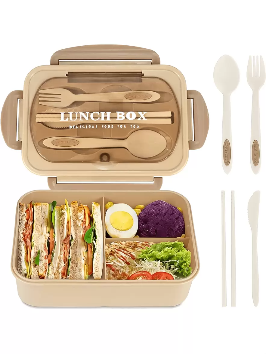 Oferta de 1 pieza Caja Bento para adultos de 1200ml con utensilios y tapa hermética, recipiente de almuerzo de 3 compartimentos, regalo de cocina y Navidad por $17.5 en SHEIN