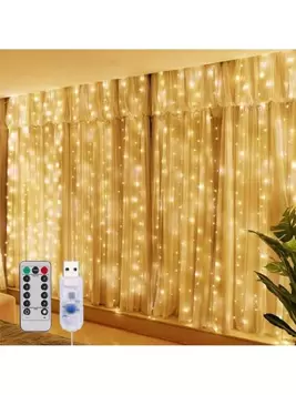 Oferta de Luces de cortina con USB de 3 m, decoración de habitación navideña, control remoto con 8 funciones, guirnalda de luces para decoración de cortinas en bodas y cumpleaños, Navidad por $77 en SHEIN