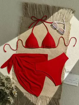 Oferta de SHEIN Swim Conjunto de 3 piezas de traje de baño de bikini de unicolor y estilo sexy de halter para mujeres, conjunto de traje de baño, para vacaciones de verano en la playa por $189.98 en SHEIN