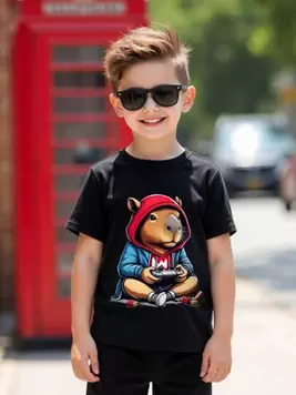 Oferta de Camiseta casual de manga corta con cuello redondo y estampado de capibara de dibujos animados para niño joven por $104 en SHEIN