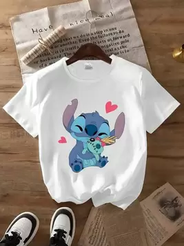 Oferta de Disney Vestido de verano para mujer, estampado gráfico de dibujos animados de puntada, camiseta casual y sencilla de cuello redondo de manga corta, top de verano para mujer por $173 en SHEIN