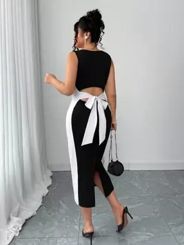 Oferta de Elenzga Vestido elegante de talla grande con contraste de color, espalda descubierta, corbata y abertura lateral para el verano por $423 en SHEIN