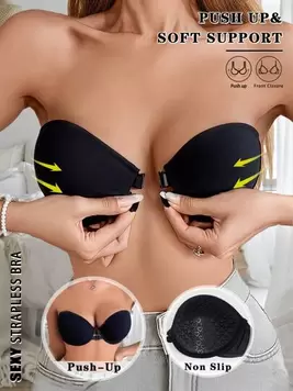 Oferta de Sujetador sin tirantes con cierre delantero, sujetadores push up con estampado de corazón para mujer, sostén invisible sin espalda, lencería sexy con tirantes ajustables, ideal para vestidos sin es... por $93.7 en SHEIN