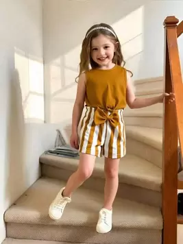Oferta de Set de 2 piezas para niñas (pequeño) con top sin mangas casual y pantalones cortos a rayas, diseño de lazo 3D por $168 en SHEIN