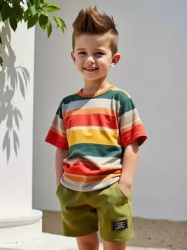 Oferta de Conjunto de camiseta de cuello redondo de manga corta con estampado minimalista y pantalones cortos cargo casual para niño, adecuado para el verano por $131.5 en SHEIN