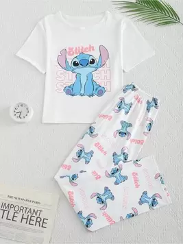 Oferta de Disney Conjunto de 2 piezas de pijama autorizado de Disney Stitch para mujer, conjunto blanco con lindo estampado de Stitch de dibujos animados, top de cuello redondo de manga corta y pantalones, c... por $249 en SHEIN