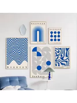 Oferta de 1 pieza, regalo - Pintura abstracta de geometría en lienzo de estilo Bauhaus de mediados de siglo moderno en color azul para decoración de pared en sala de estar, opción de marco por $46 en SHEIN