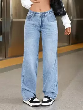 Oferta de SHEIN EZwear Jeans rectos de cintura baja lavados para mujer, de uso casual por $579.62 en SHEIN