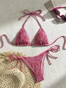 Oferta de Swim Mod Conjunto de bikini sexy para mujer con estampado floral de verano, copa push-up y cuello halter con lazo por $213.58 en SHEIN