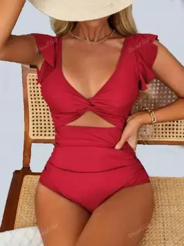 Oferta de Mujer Bañador una pieza girante con abertura fruncido lateral de manga mariposa, sexy, control de barriga, conservador, sin espalda por $241.07 en SHEIN