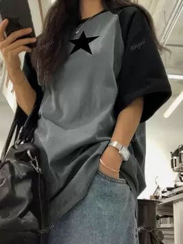 Oferta de Camiseta de punto de graduación de talla grande para mujeres con estampado de estrella, contraste de color, mangas raglán de manga corta y cuello redondo, de estilo informal y cómodo para el verano por $204.12 en SHEIN