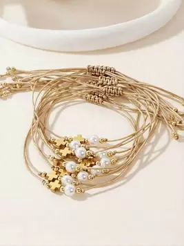 Oferta de 2/4/6/10 piezas Pulsera de estilo vacacional bohemio ajustable con perlas falsas, hierro y piedra cruz para el verano por $40.8 en SHEIN